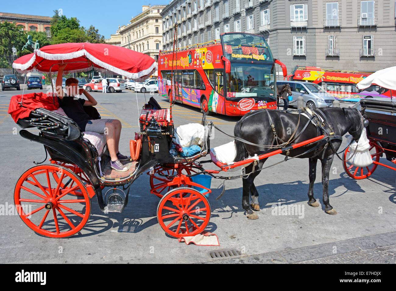 Cavallo e Carrozza tour ride a competere per i clienti turistici con bus aperti Foto Stock