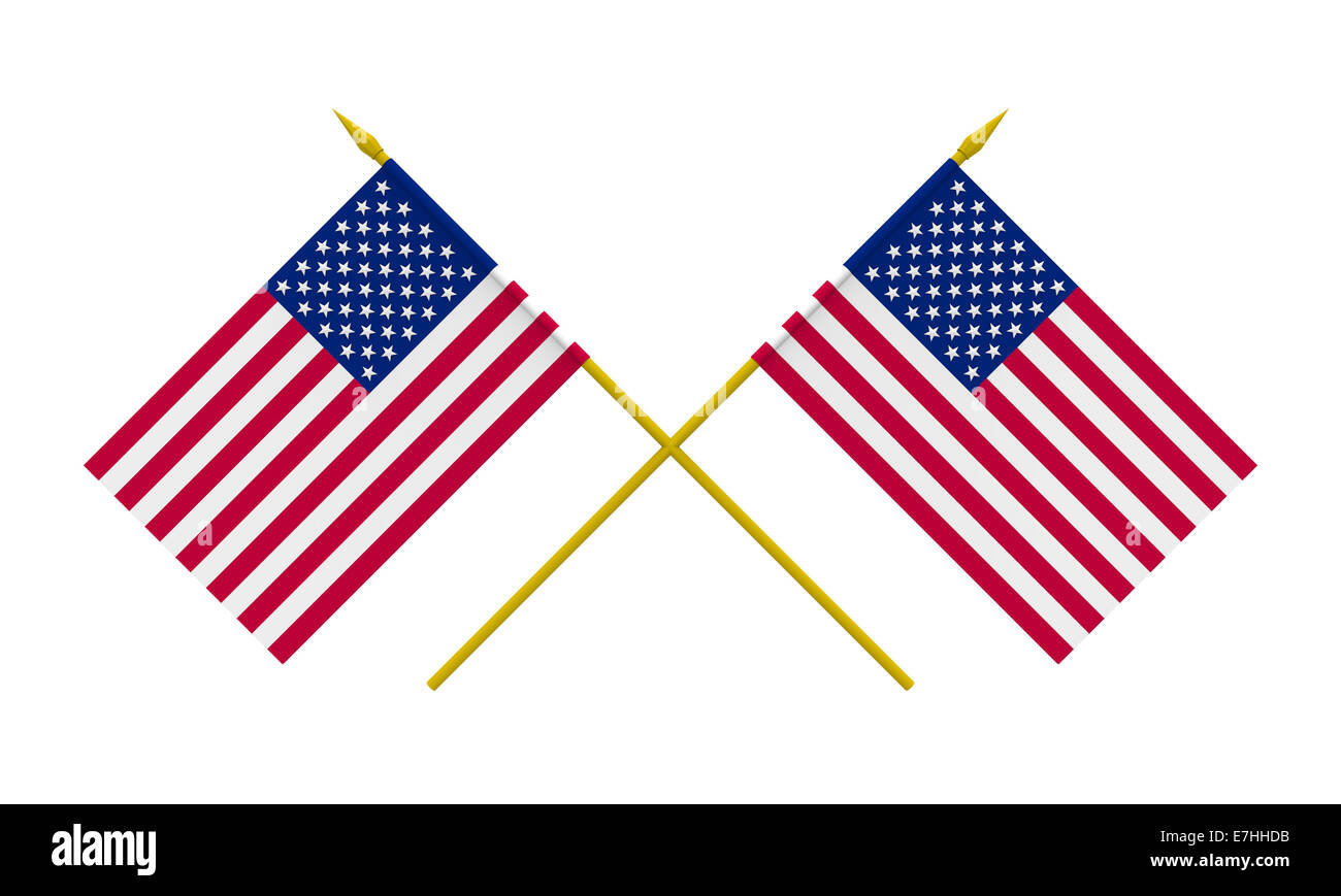Bandiere incrociate di Stati Uniti d'America, 3d rendering, isolato su bianco Foto Stock