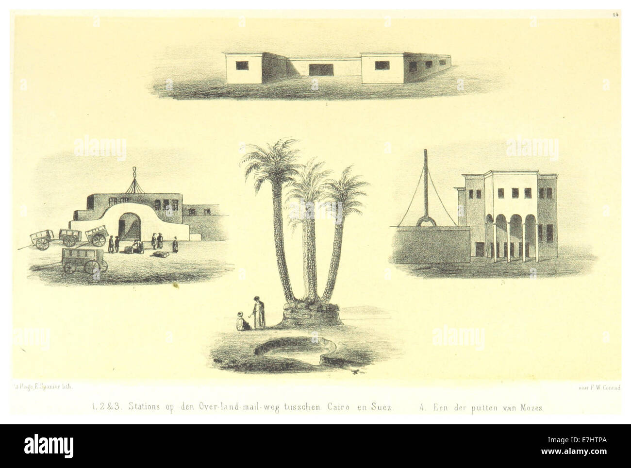 Questa illustrazione del 1859 di Conrad raffigura le stazioni lungo il percorso Overland mail, una rete cruciale per il trasporto della posta attraverso la frontiera americana. La mappa evidenzia le posizioni chiave e le sfide logistiche del tempo. Foto Stock