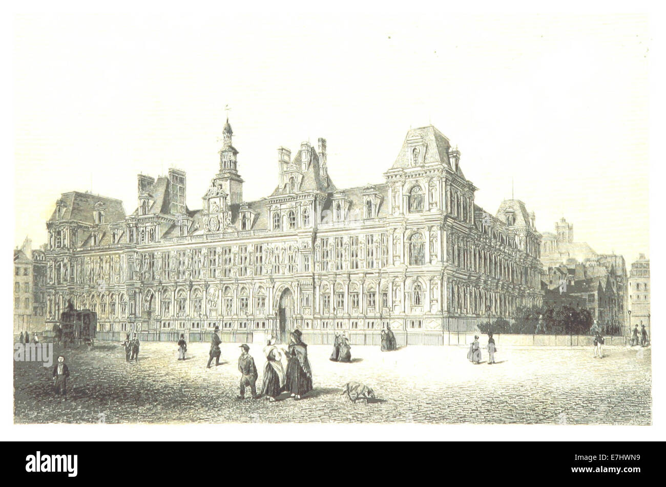 Questa illustrazione del 1850 di Heinzelmann mostra l'Hôtel de Ville di Parigi, il municipio di Parigi, catturando la sua grandezza architettonica e il suo significato come centro politico e culturale nel XIX secolo. Foto Stock