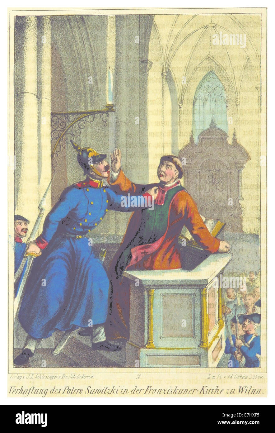 Una raffigurazione del 1864 di "Poln.Rev." che mostra l'arresto di padre Sawitzki nella Chiesa francescana di Wilna durante la rivoluzione polacca. Questa illustrazione documenta il turbolento clima politico dell'epoca. Foto Stock