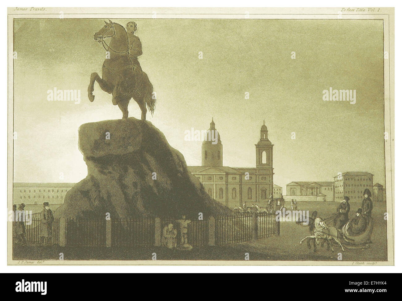 Questa illustrazione del 1817 raffigura la statua di Pietro il grande, situata a San Pietroburgo, Russia. La statua onora Pietro i, una figura fondamentale nella storia russa che modernizzò il paese e ampliò il suo impero. Foto Stock