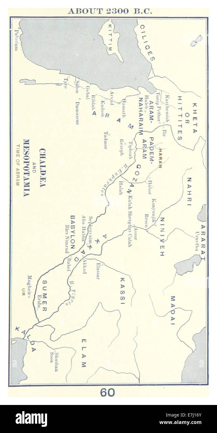 Una mappa del 1899 e un'illustrazione tratta dal lavoro di MacCoun che raffigura la Mesopotamia e la Chaldea intorno al 2300 a.C. la mappa offre una visione dell'antica geografia e civiltà della regione durante quel periodo. Foto Stock
