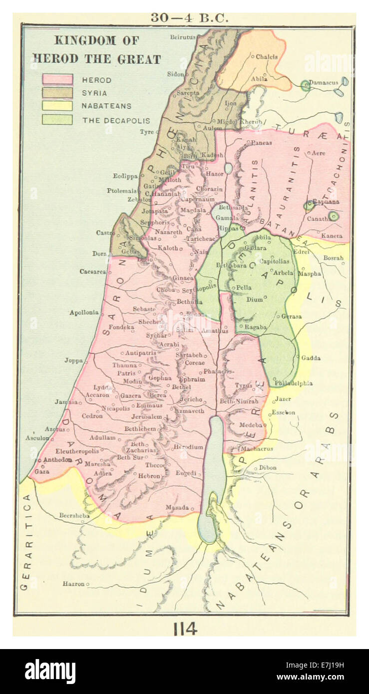 Questa mappa e l'illustrazione del 1899 raffigurano il Regno di Erode il grande, concentrandosi sul territorio e sul contesto storico dal 30 a.C. al 4 a.C., durante il regno di Erode nell'antica Giudea. Foto Stock