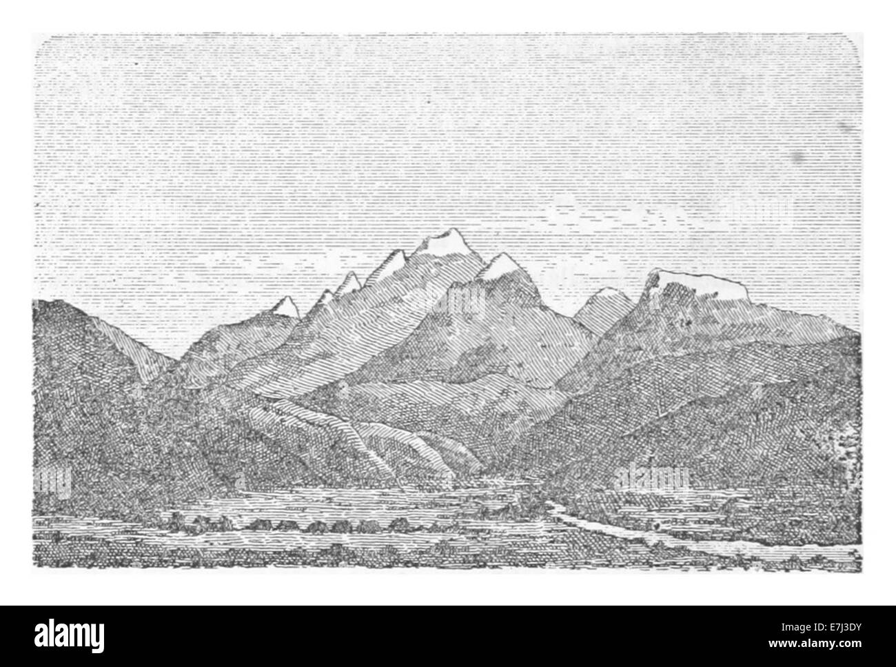 Questa illustrazione del 1879 di Moreno presenta le Sierras de Tchilchiuma, che mostrano la catena montuosa in un contesto storico come parte del suo libro sulla geografia e la topografia regionale. Foto Stock