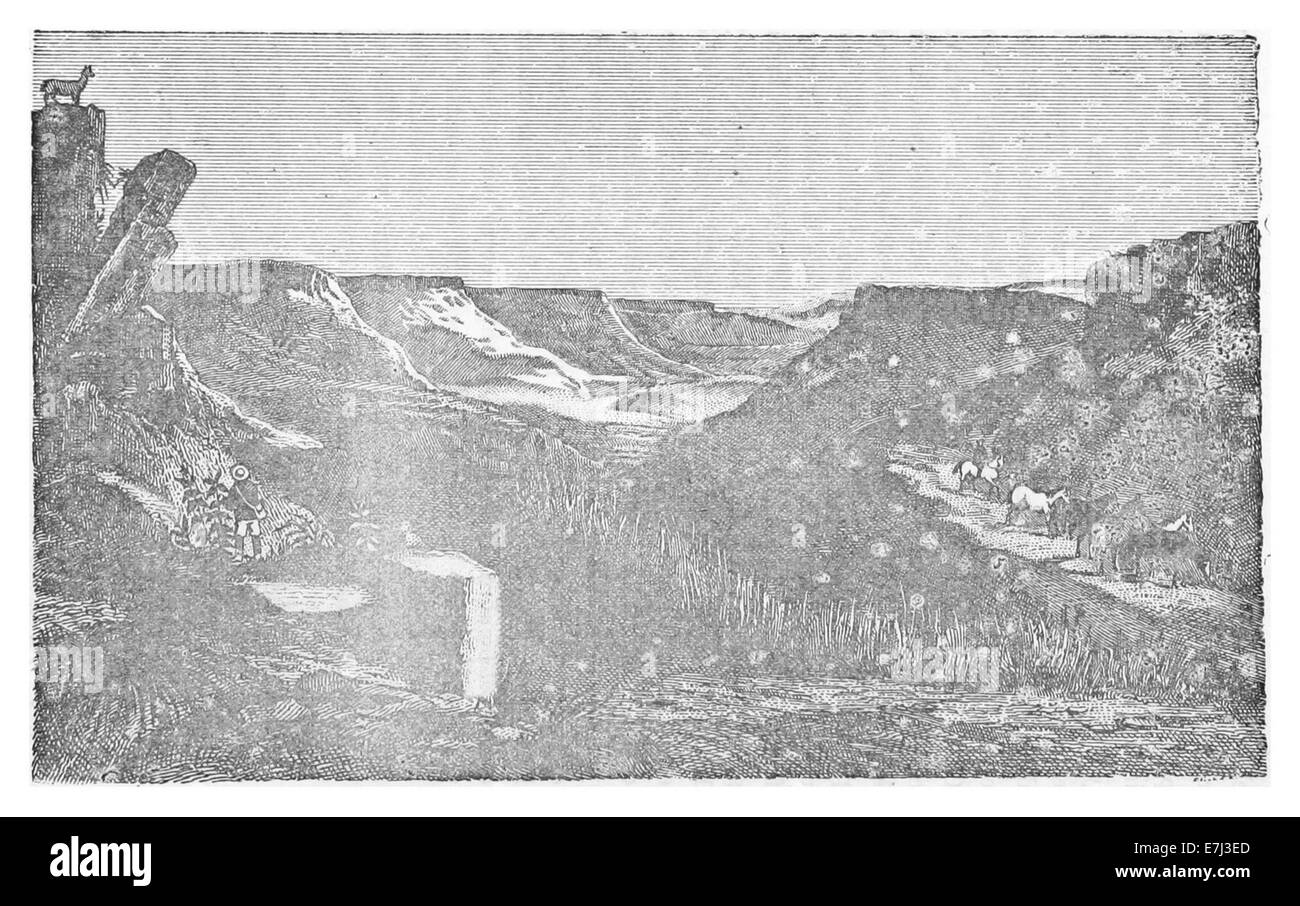 Questa illustrazione del 1879 di Moreno raffigura la gola basaltica vicino al fiume Santa Cruz, in Argentina, che mostra il paesaggio naturale e le caratteristiche geologiche. Foto Stock