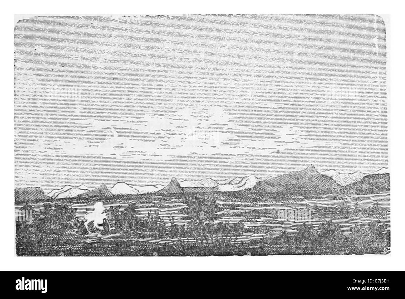 Questa immagine del 1879 di Moreno raffigura un momento di riposo sulle rive del fiume Santa Cruz. L'illustrazione offre uno sguardo sulla vita sudamericana del XIX secolo, tra cui viaggi fluviali e geografia regionale. Foto Stock