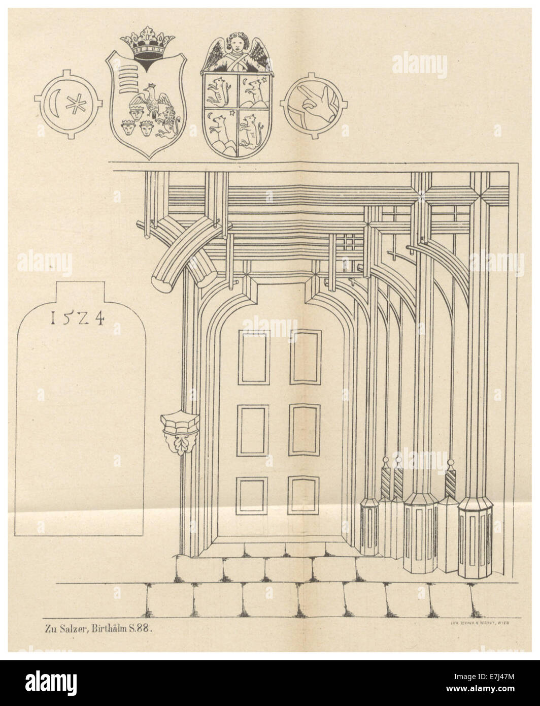 Questa illustrazione del 1881 mostra la Evangelische Kirche di Birtha (Chiesa evangelica di Birtha), con i dettagli dei suoi arredi interni e delle sue caratteristiche architettoniche. Foto Stock