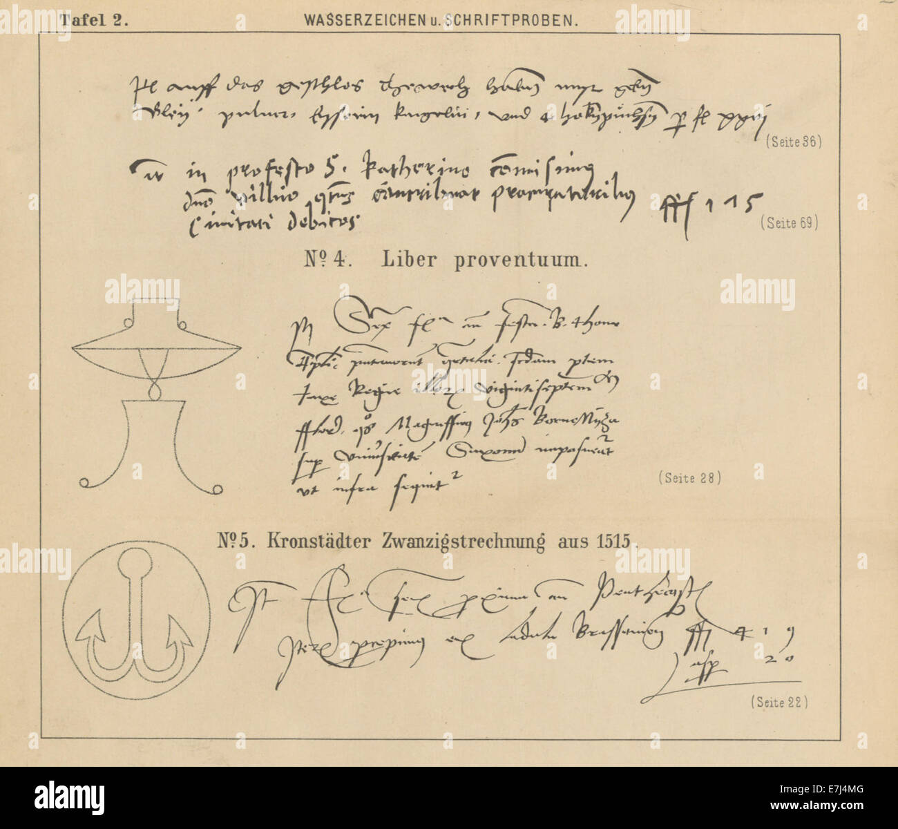 Un libro dei primi anni del XX secolo con filigrane e esempi di script, che fornisce informazioni sulle prime tecniche di stampa e sulla progettazione di testi, con illustrazioni e fotografie dettagliate. Foto Stock