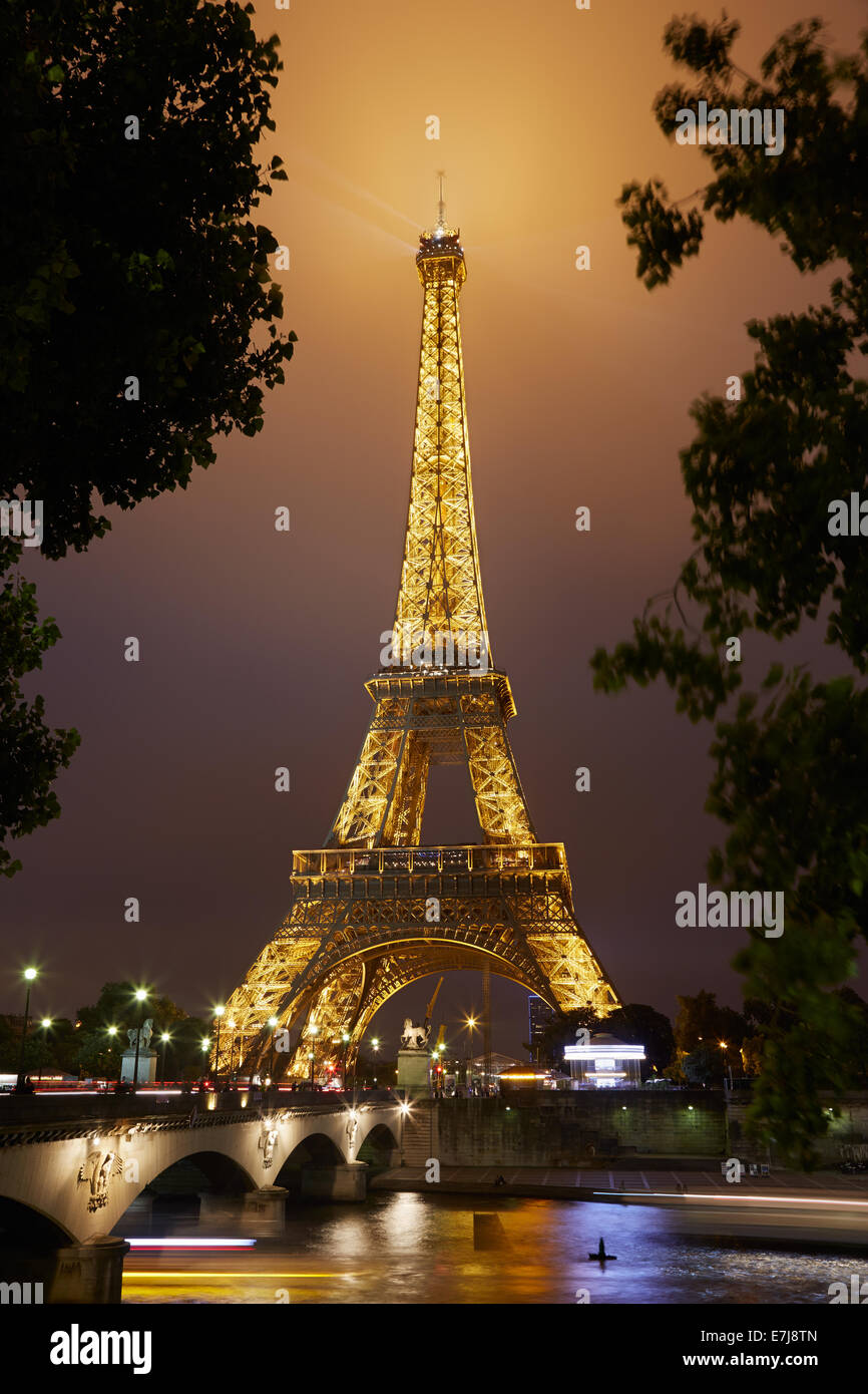 La Torre Eiffel a Parigi di notte Foto Stock