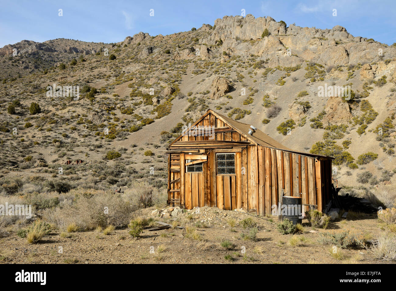 Stati Uniti d'America, Stati Uniti, America, Nevada, Tybo, città fantasma, storia, cabina, miniere, deserto outback, hut Foto Stock