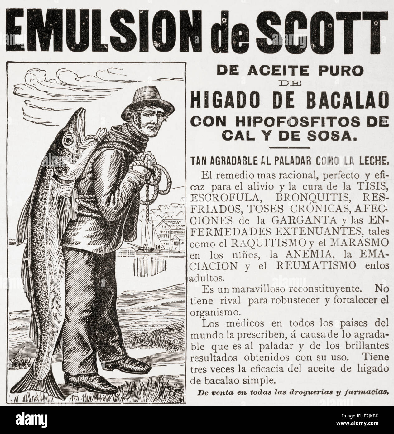 Xix secolo spagnolo pubblicità per emulsione de Scott, Scott's emulsione di puro olio di fegato di merluzzo. Foto Stock