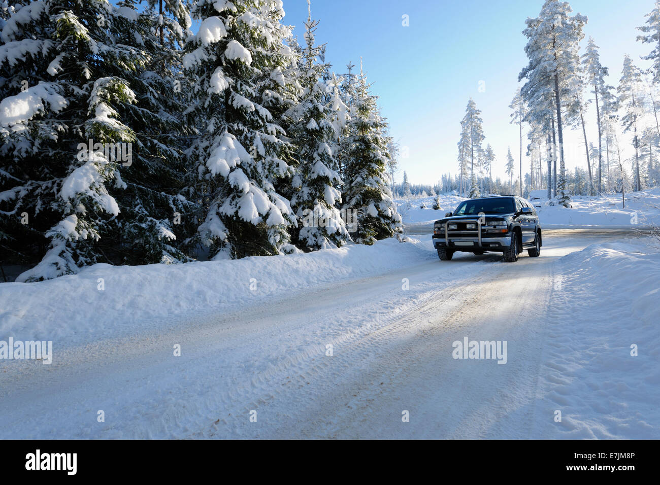 Suv la guida in presenza di neve condizioni invernali, scenario dalla Svezia Foto Stock