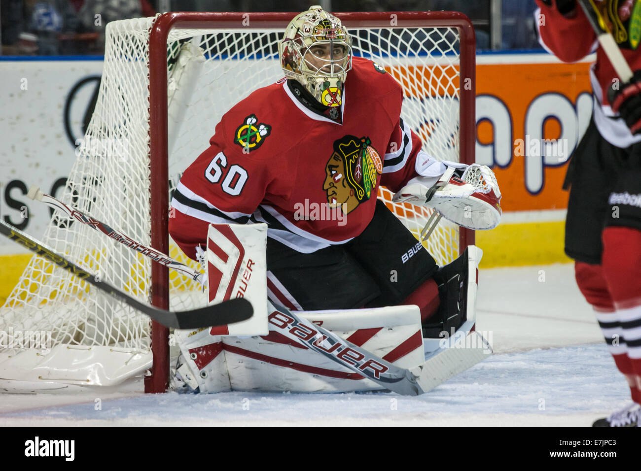 Settembre 15, 2014. Chicago Blackhawks goalie Carruth Mac (60) segue il gioco durante un gioco tra il Chicago Blackhawks un Foto Stock