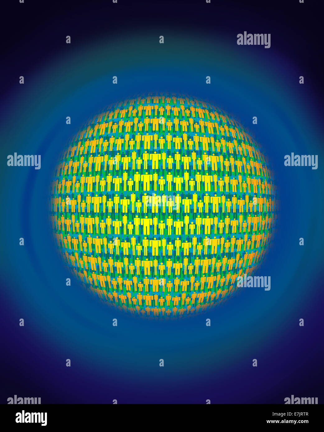 Concetto di popolazione globale - sfera astratta con figure umane che simboleggiano l'unità, l'interconnessione e la demografia globale Foto Stock