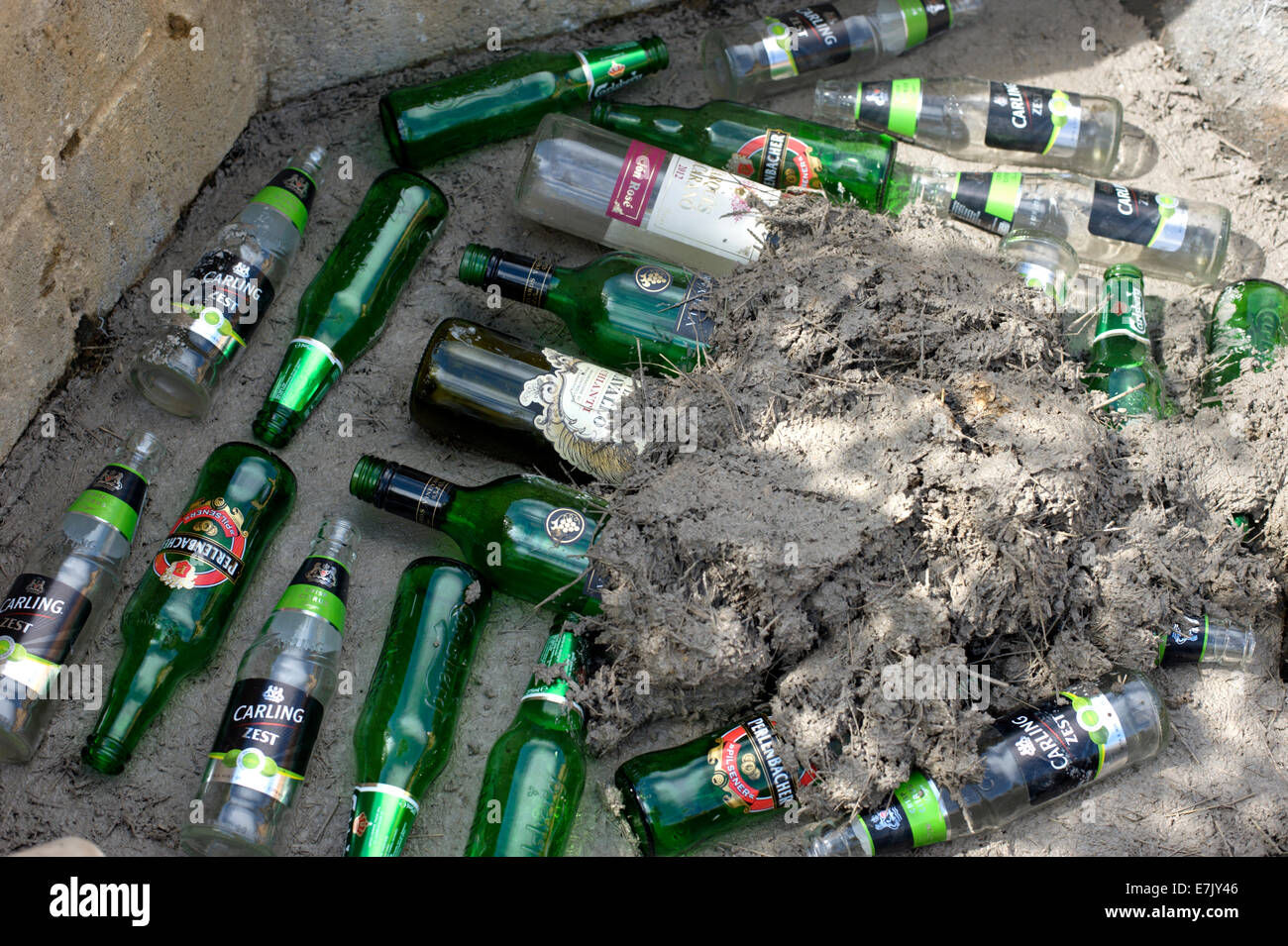 I lavori preparatori per la costruzione di un forno di terra. Mettere in uno strato di bottiglie per dare la base alcune proprietà di isolamento Foto Stock