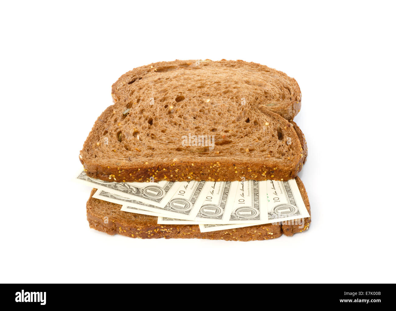 Due fette di pane integrale con 1 US Dollar Bills riempimento a sandwich Foto Stock