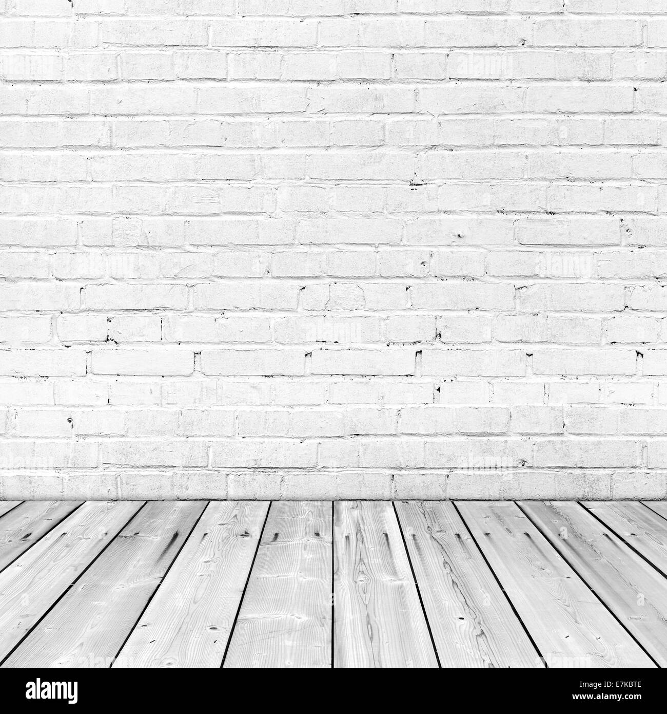 Bianco parete in mattoni e pavimento in legno, abstract sfondo interni Foto Stock