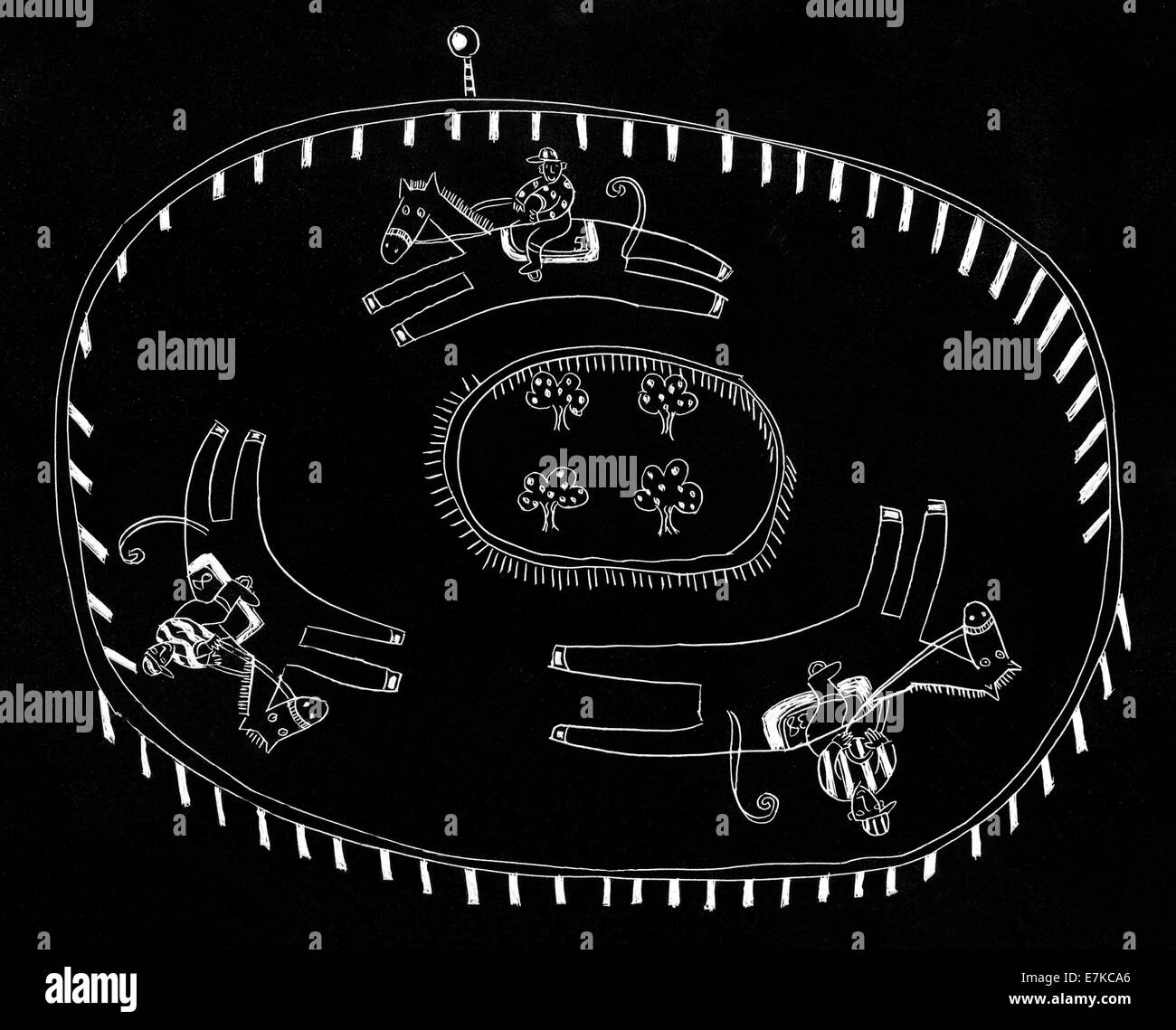 Corse di cavalli - Black and White Line Art of Equestrian Competition Foto Stock