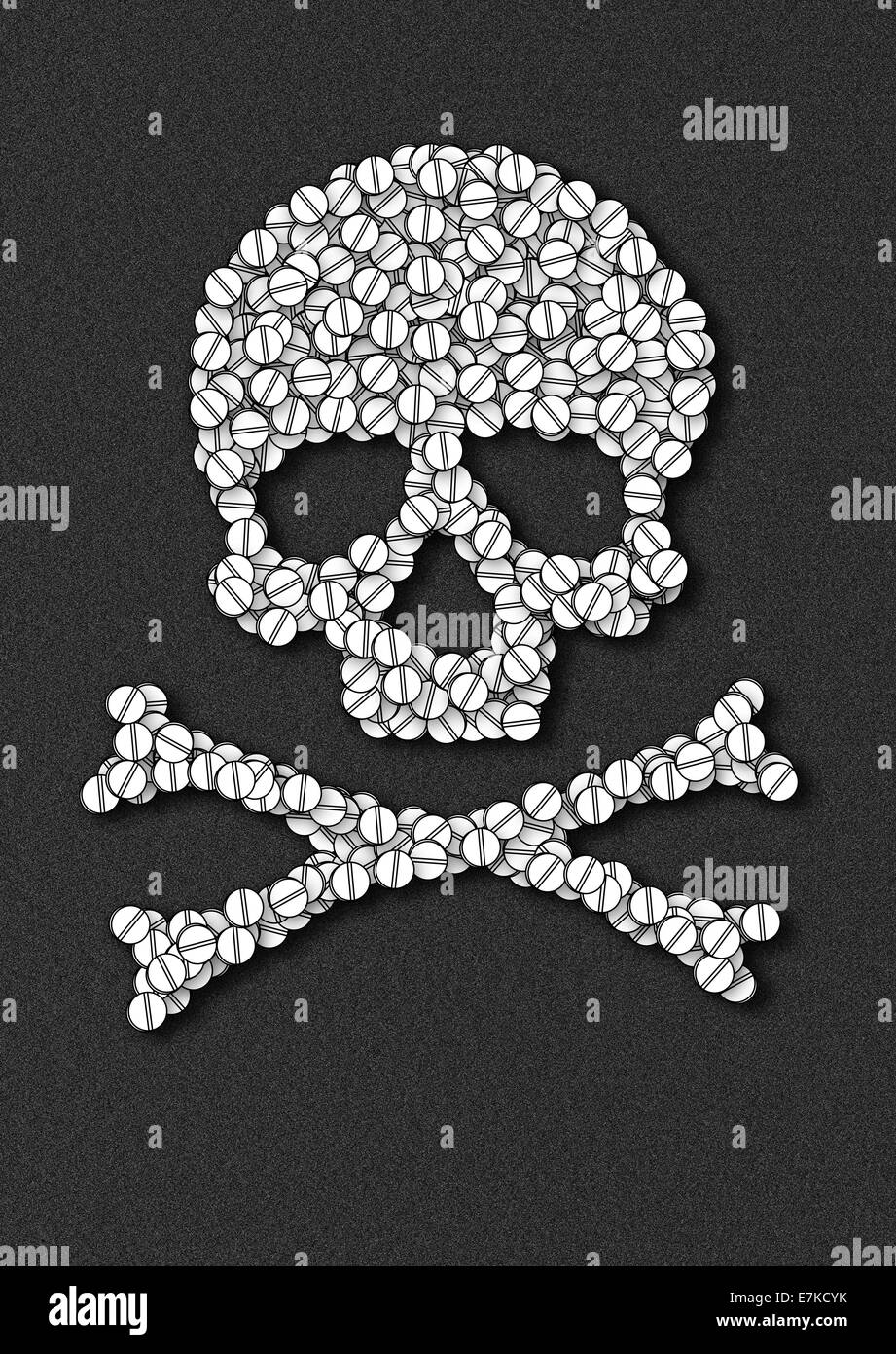 Cranio e ossa incrociate in pillole – immagine concettuale della tossicodipendenza e dell'overdose che simboleggia i pericoli della tossicodipendenza e dell'overdose Foto Stock