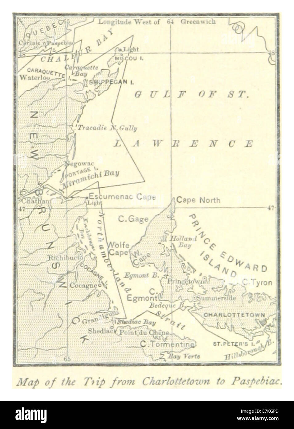Una mappa del 1885 che delinea il percorso da Charlottetown a Paspebiac, illustrando le caratteristiche geografiche e il terreno tra queste due località in Canada. La mappa funge da registro storico dei trasporti e dei viaggi regionali durante la fine del XIX secolo. Foto Stock