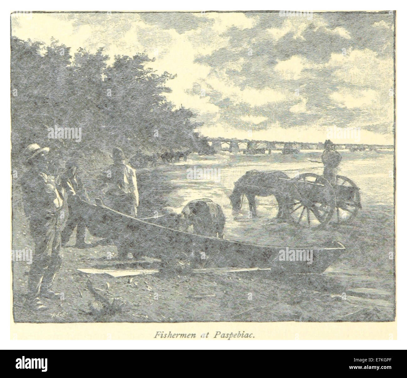 Un disegno del 1885 che mostra i pescatori di Paspebiac, un villaggio in Quebec, Canada. Lo schizzo cattura la vita quotidiana e le attività dei pescatori locali durante la fine del XIX secolo. Foto Stock