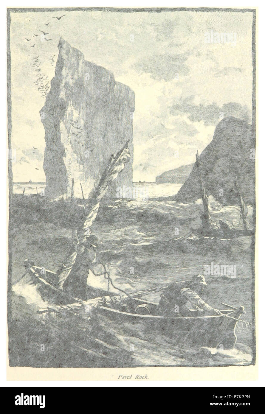 Uno schizzo del 1885 raffigura Perce Rock, una formazione geologica naturale situata in Quebec, Canada, evidenziando la sua importanza come punto di riferimento regionale. Foto Stock