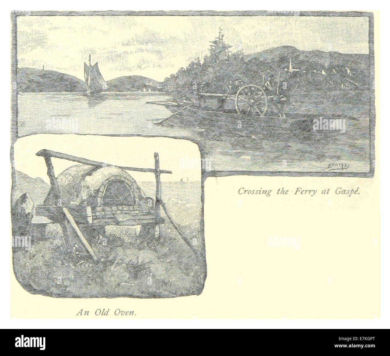 Questo disegno del 1885 illustra una traversata in traghetto a Gaspe, Quebec. Lo schizzo cattura il paesaggio rurale e il metodo di trasporto utilizzato nella regione durante il XIX secolo. Foto Stock