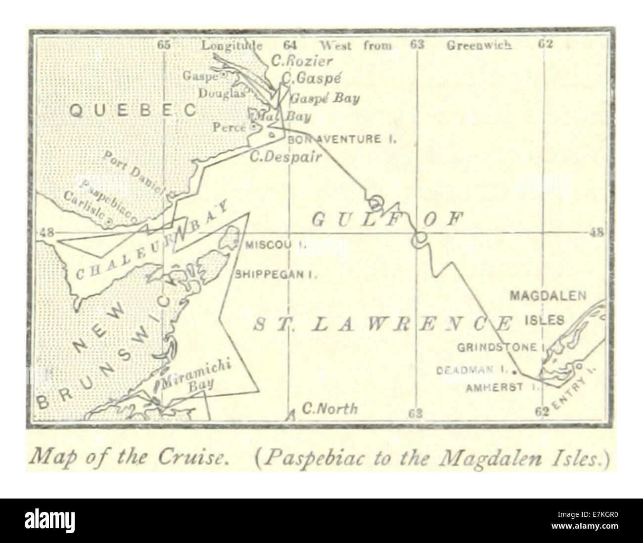 Pagina 53 della pubblicazione del 1885 presenta una mappa dettagliata del percorso da Paspebiac alle Isole Maddalena, che mostra questo importante viaggio marittimo. Foto Stock