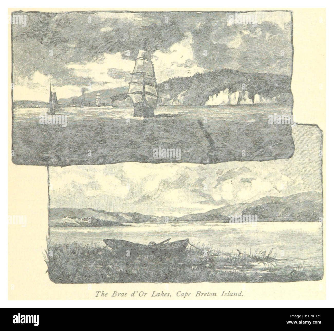 Pagina 121 di un'opera del 1885 presenta un disegno di Cape Breton Island, situata al largo della costa della nuova Scozia, raffigurante la costa frastagliata dell'isola e le sue caratteristiche geografiche. Foto Stock