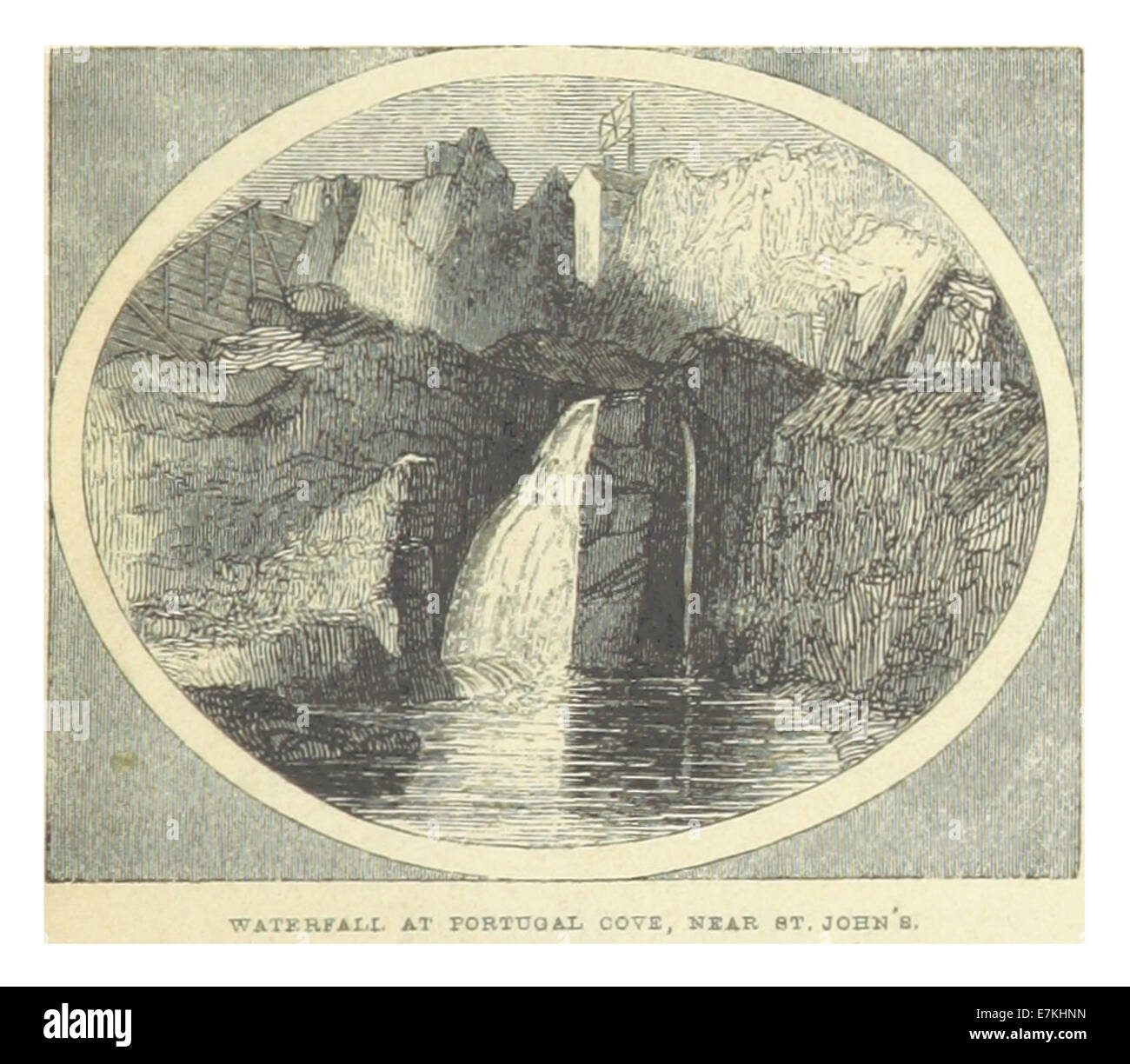 Un disegno dell'opera di Bonnycastle del 1842, raffigurante una cascata a Portugal Cove, situata vicino a St. John's.. L'illustrazione cattura la bellezza naturale e la geografia della zona. Foto Stock
