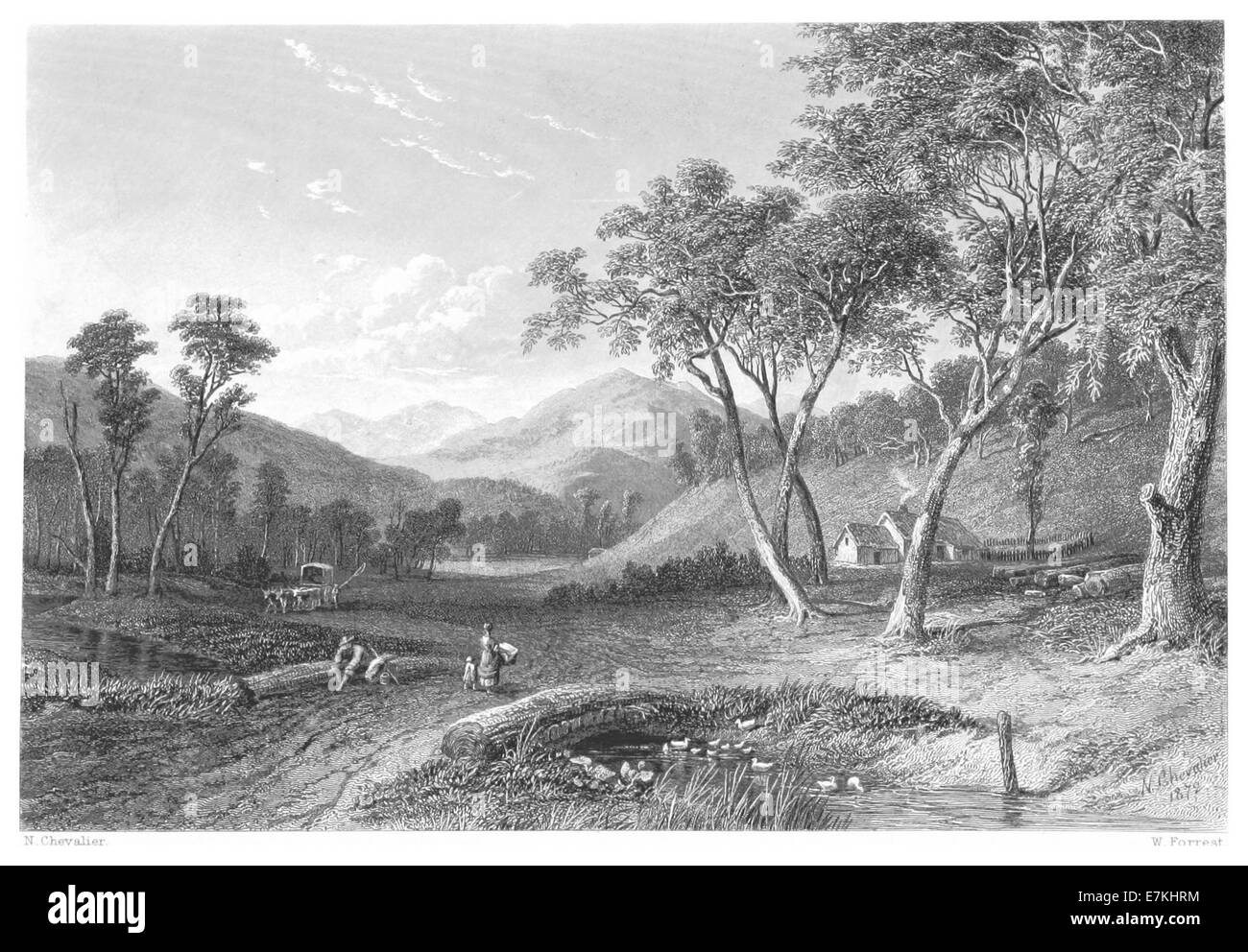 Questa illustrazione del 1873 di Booth mostra Morse's Creek nel Victoria, raffigurante le caratteristiche naturali del torrente e la sua posizione nel paesaggio circostante della regione. Foto Stock