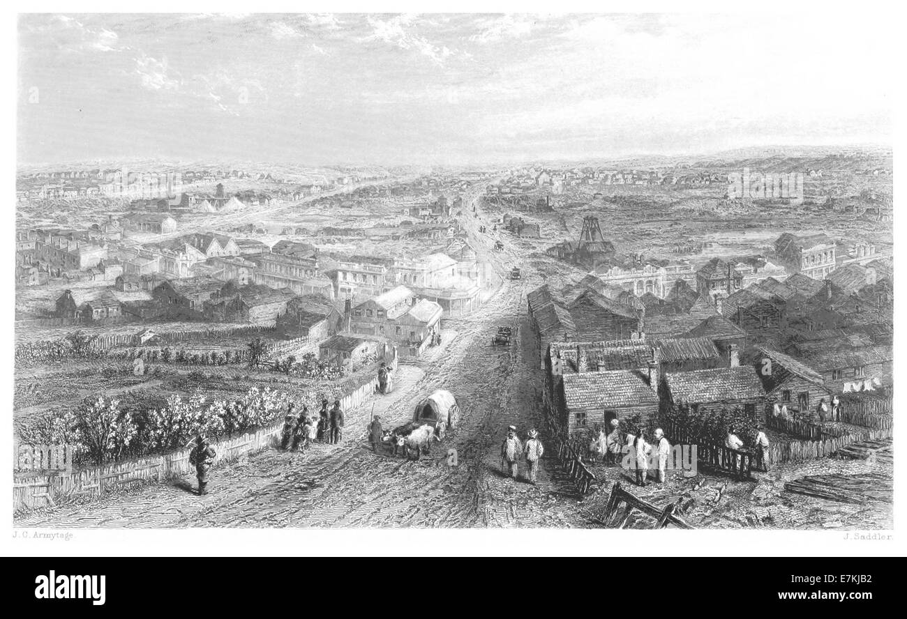 Questo schizzo del 1873 di Booth cattura Ballarat, una città importante di Victoria, Australia, nota per la sua storia della corsa all'oro. L'immagine mette in evidenza la struttura della città e le caratteristiche principali durante il XIX secolo, offrendo uno sguardo sulla vita e l'industria dell'epoca. Foto Stock