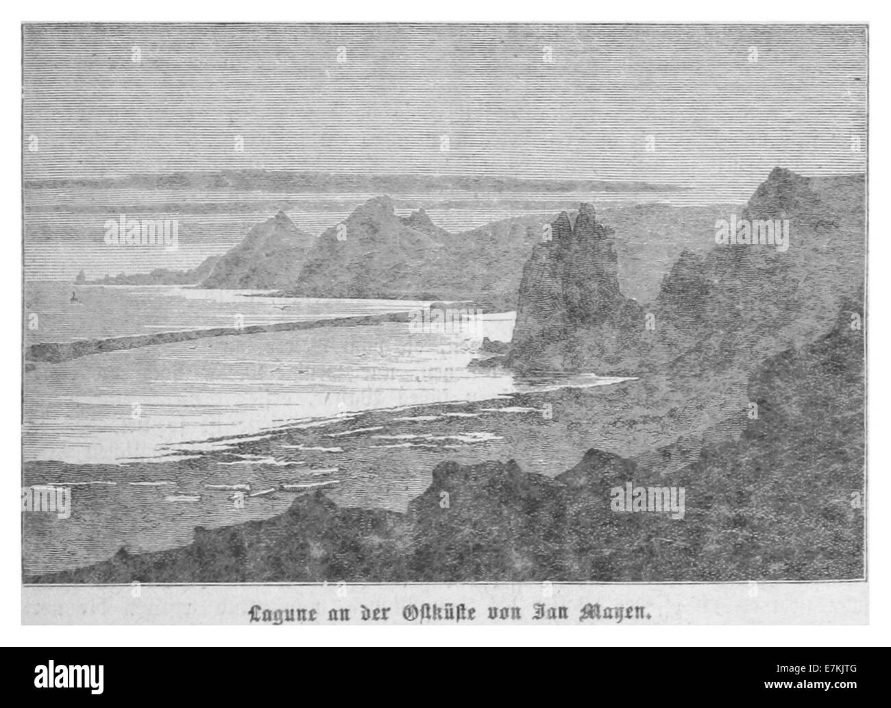 Questa illustrazione del 1884 di Chavanne raffigura l'isola Jan Mayen, concentrandosi specificamente sulla laguna situata sulla sua costa orientale, fornendo una vista storica della topografia e delle caratteristiche naturali dell'isola. Foto Stock