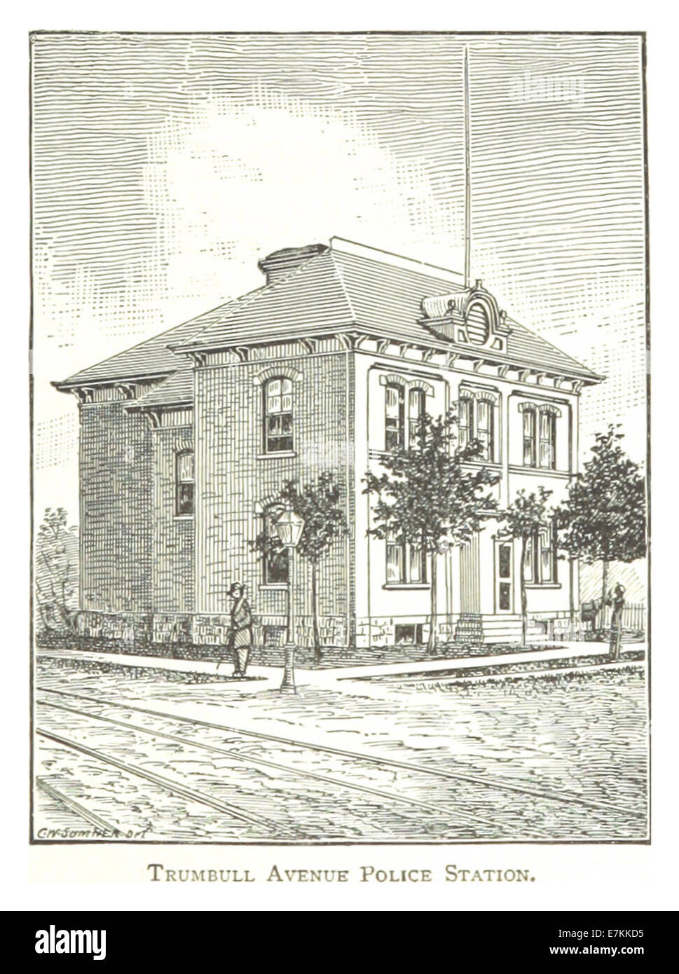 Questa illustrazione del 1884 di Farmer mostra la stazione di polizia di Trumbull Avenue a Detroit, che riflette lo sviluppo delle infrastrutture delle forze dell'ordine durante la fine del XIX secolo. Foto Stock