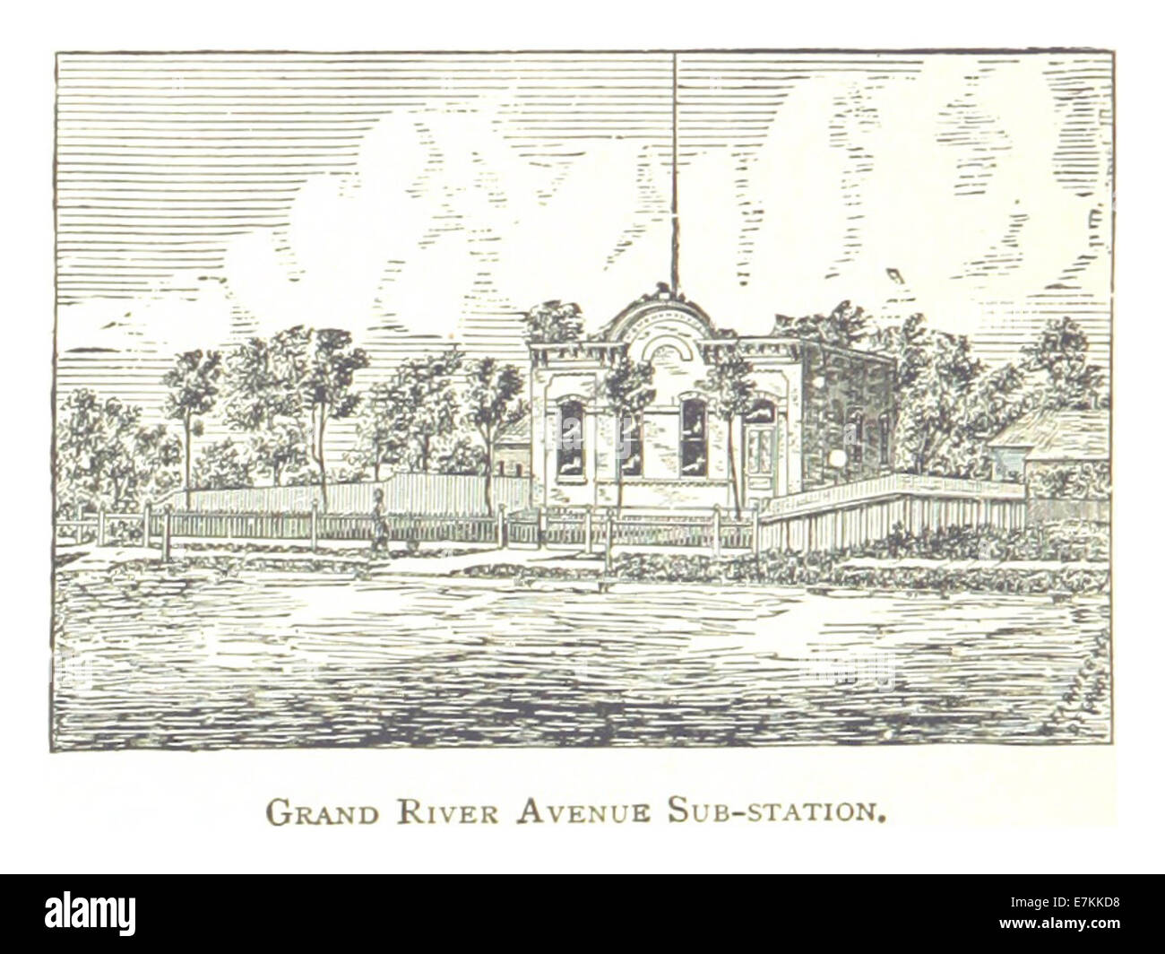 Questo disegno del 1884 di Farmer raffigura la sottostazione della polizia di Grand River Avenue a Detroit, offrendo uno sguardo sulle infrastrutture delle forze dell'ordine della città durante la fine del XIX secolo. Foto Stock