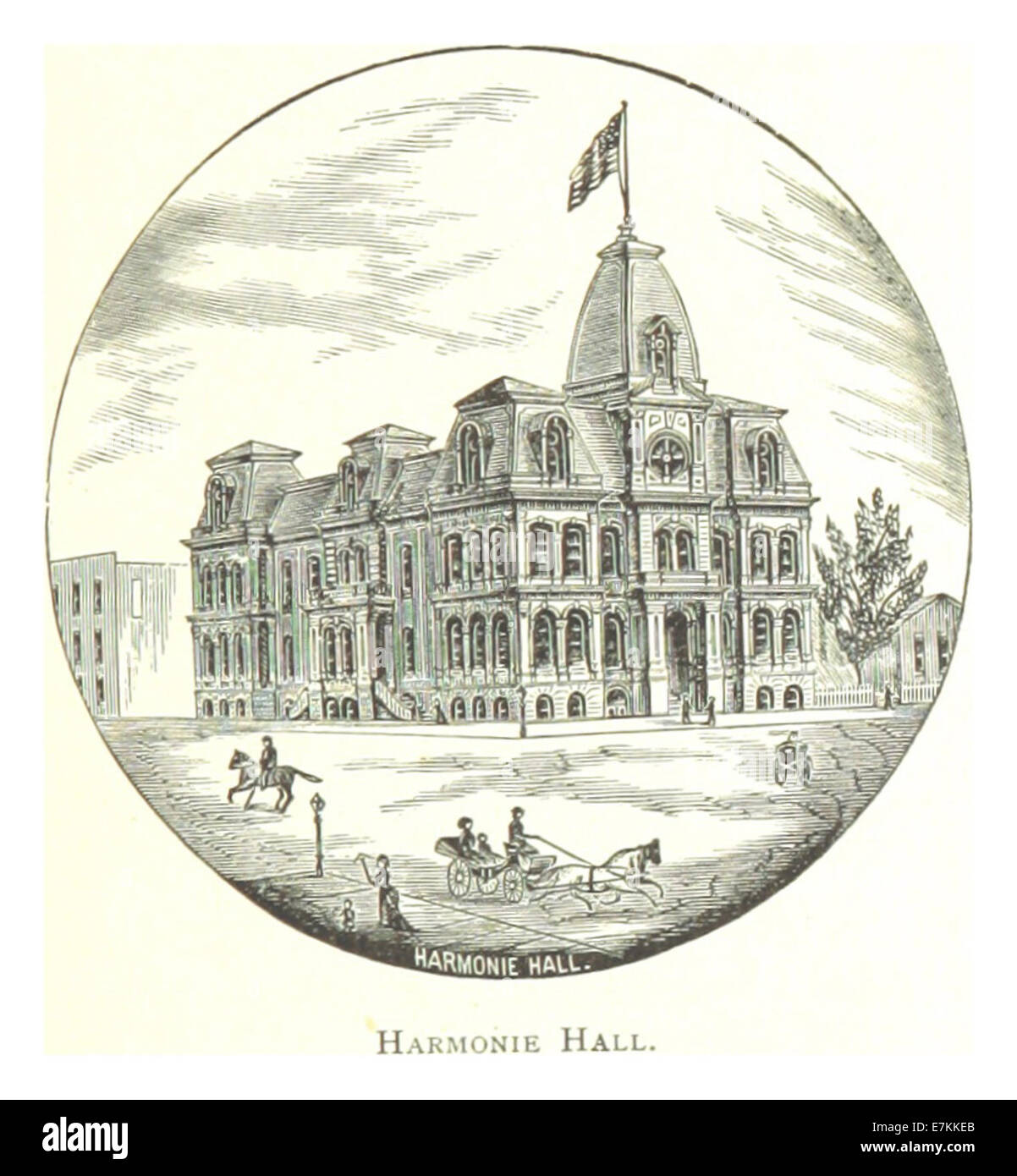 Questa illustrazione del 1884 di Farmer mostra l'Harmonie Hall, un edificio significativo a Detroit, noto per il suo stile architettonico e l'importanza storica per la città durante la fine del XIX secolo. Foto Stock