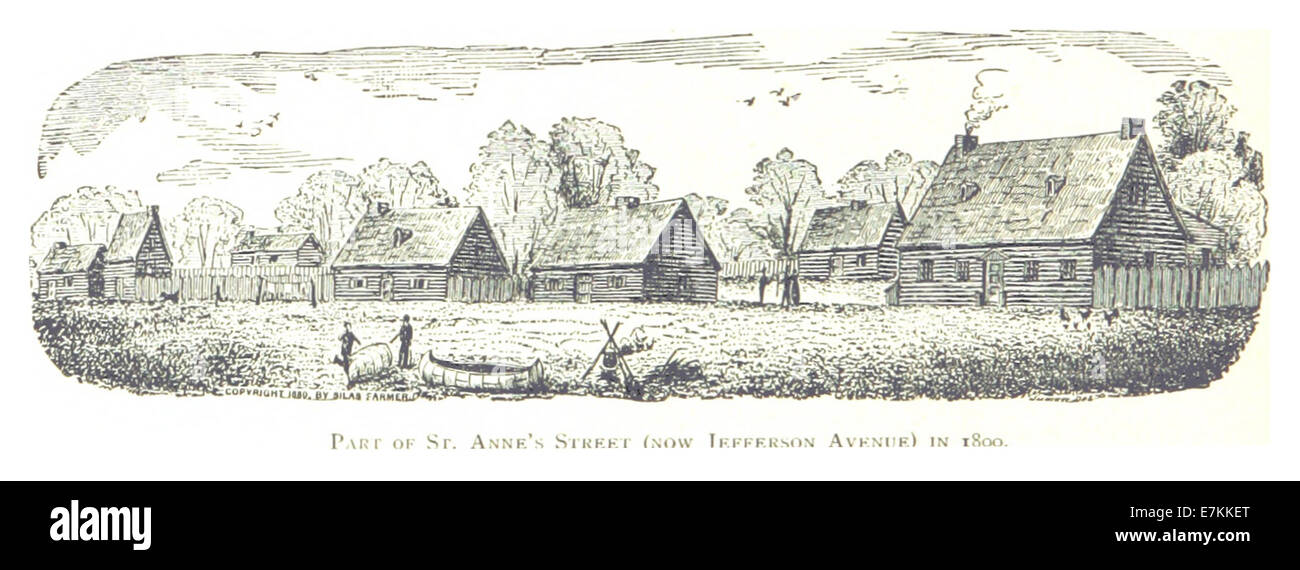 Questa illustrazione del 1884 di Farmer raffigura St. Anne's Street a Detroit, Michigan, all'inizio degli anni '1800, prima che diventasse Jefferson Avenue, catturando uno scorcio della vita urbana. Foto Stock
