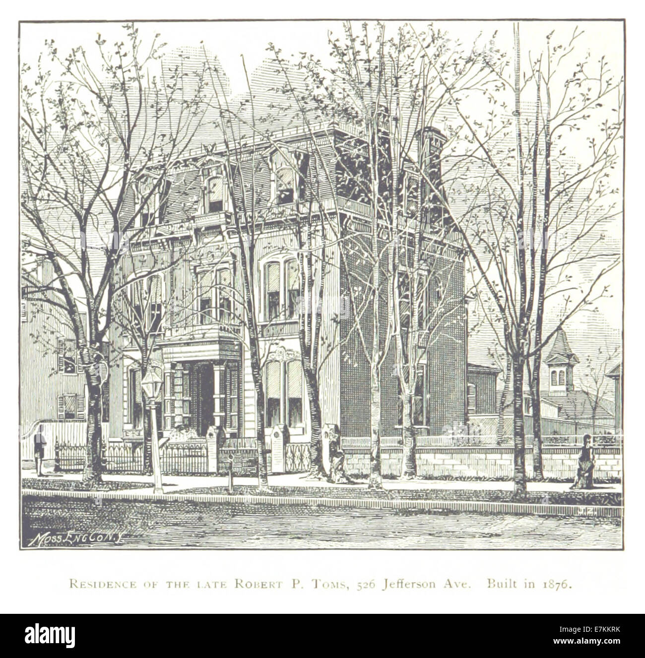 Un'illustrazione del 1884 della residenza del defunto P. Toms, situata al 526 di Jefferson Ave, Detroit, costruita nel 1852, che riflette la storia architettonica e sociale dell'epoca. Foto Stock