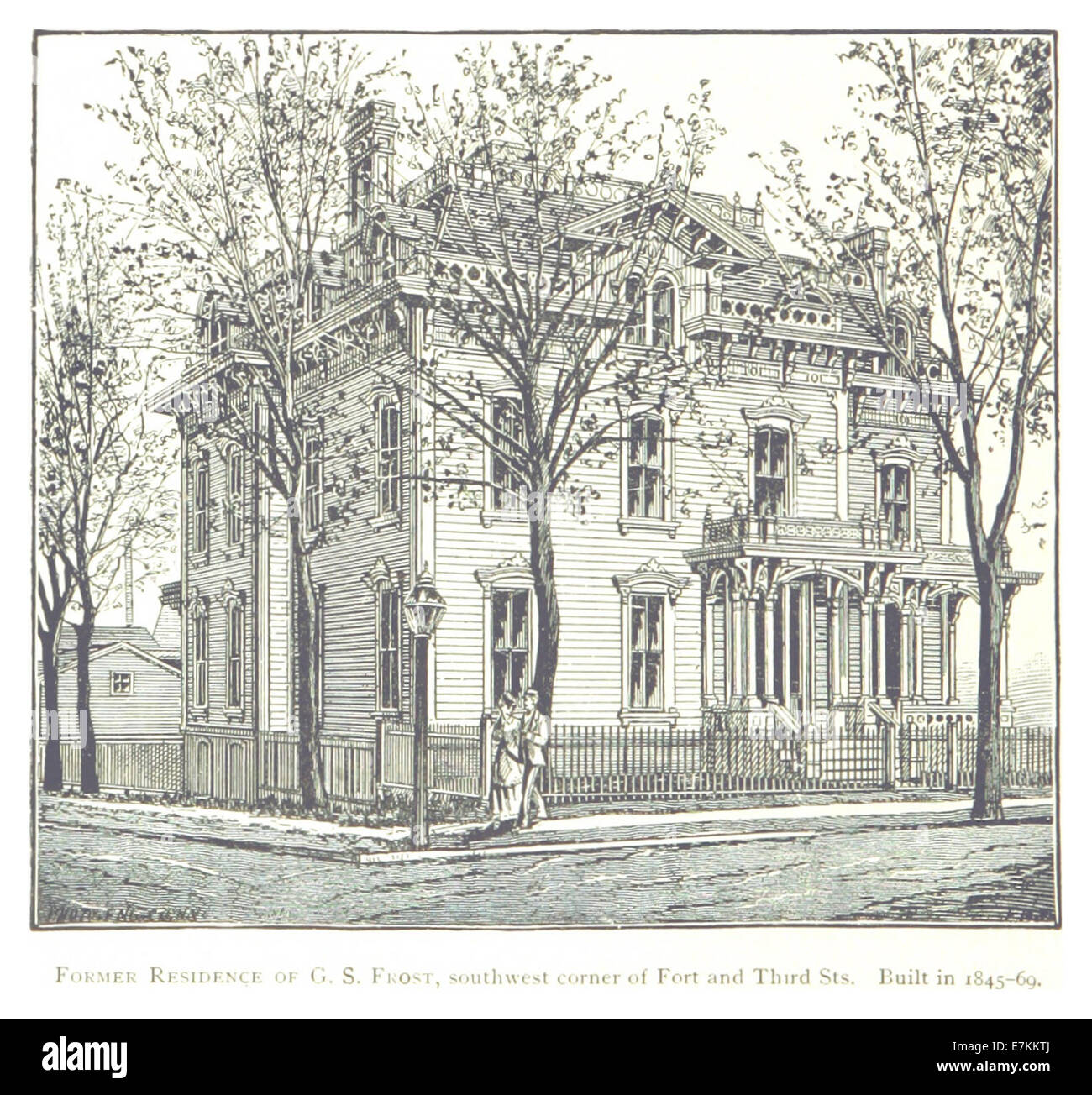 Questo schizzo del 1884 raffigura l'ex residenza di G.S. Frost, situata all'angolo sud-ovest di Fort e Third Streets a Detroit, costruita tra il 1845 e il 1869. Foto Stock