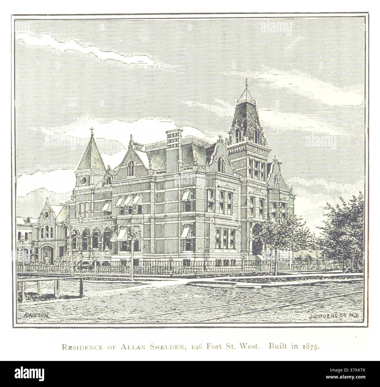 Questa illustrazione del 1884 di Farmer raffigura la residenza di Allan Shelden al 196 di Fort Street West a Detroit, costruita nel 1875. Riflette lo stile architettonico di Detroit del XIX secolo. Foto Stock