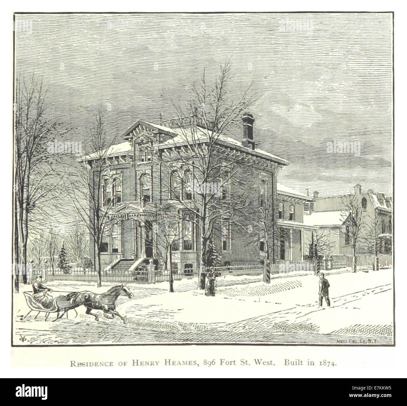 Questa illustrazione del 1884 di Farmer raffigura la residenza di Henry Heames al 896 di Fort Street West a Detroit, costruita nel 1874, evidenziando le caratteristiche architettoniche e il design tipici delle case della metà del XIX secolo a Detroit. Foto Stock
