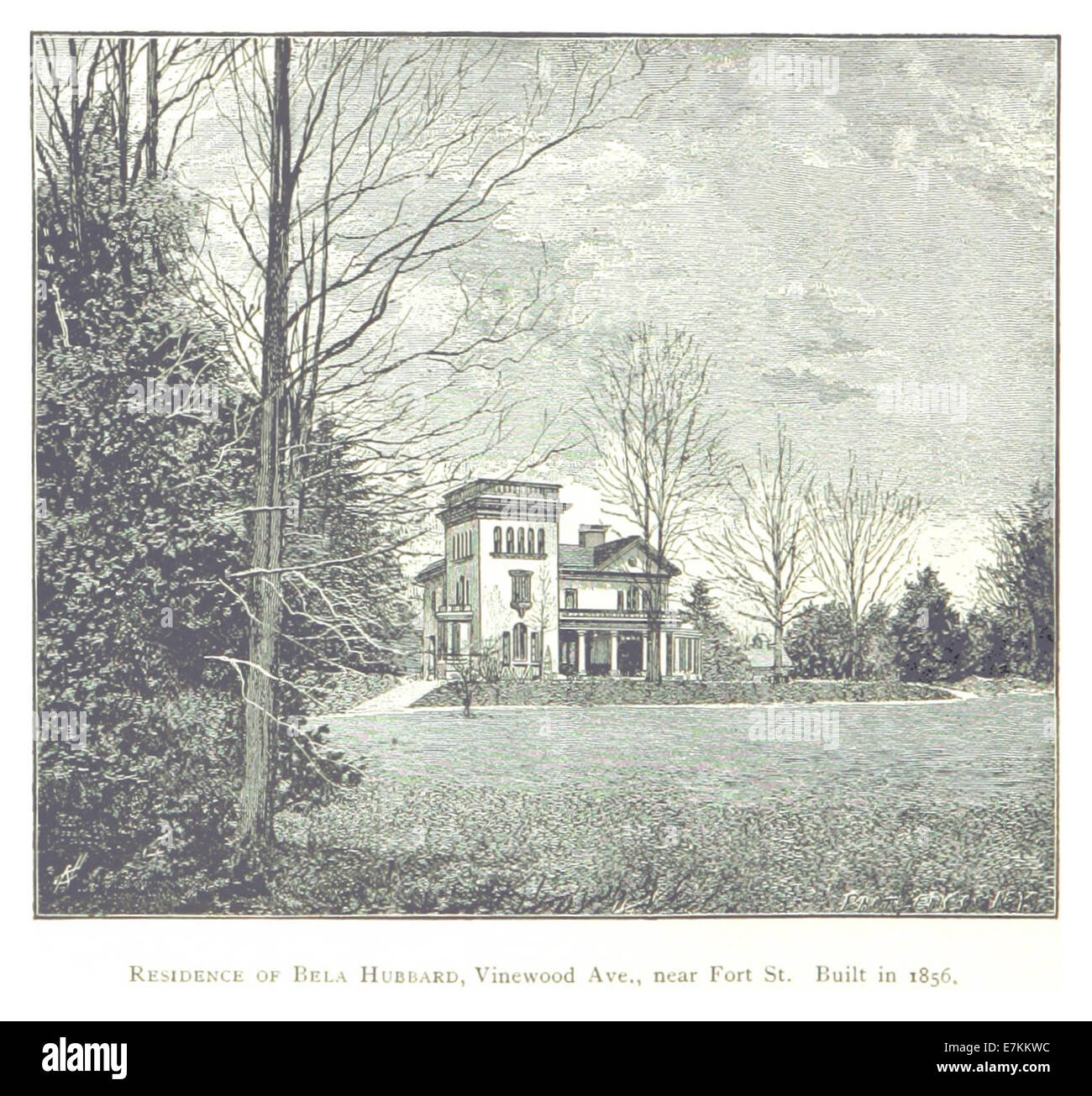 Questa illustrazione del 1884 di Farmer raffigura la residenza di Bela Hubbard, costruita nel 1856 su Vinewood Avenue vicino a Fort Street a Detroit. Mette in evidenza l'architettura residenziale della metà del XIX secolo nella città. Foto Stock