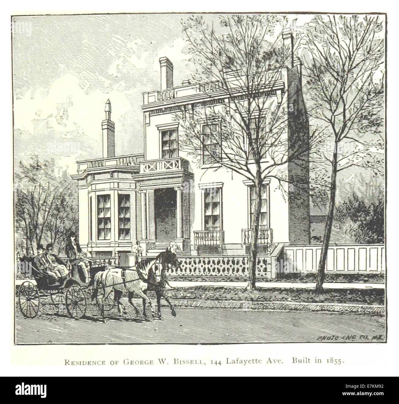 Questo schizzo del 1884 di Farmer raffigura la residenza di George W. Bissell, situata al 144 di Lafayette Avenue a Detroit. Costruito nel 1855, mette in risalto il design architettonico della metà del XIX secolo a Detroit. Foto Stock