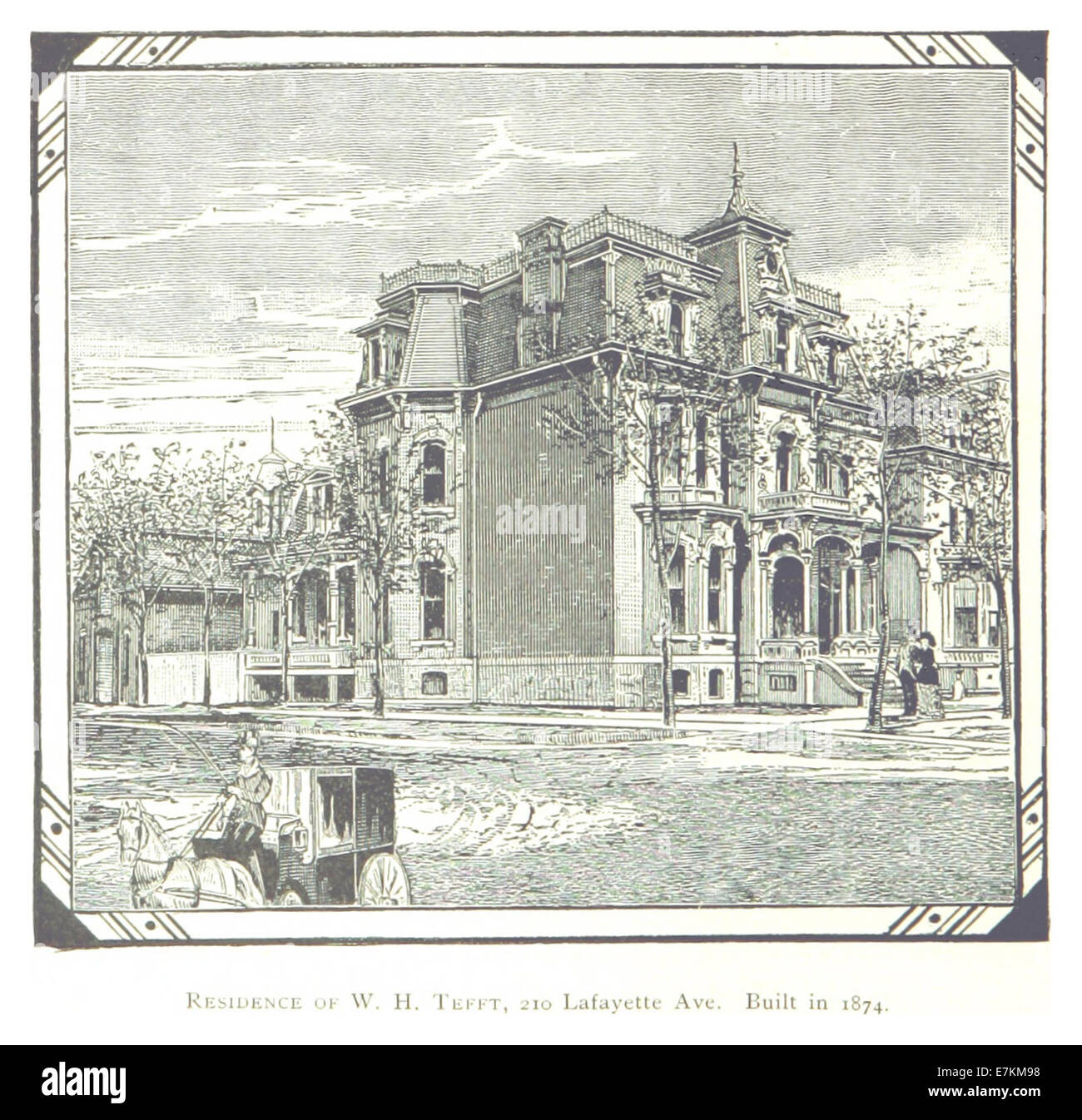 Questa illustrazione del 1884 di Farmer mostra la residenza di W.H. Tefft, situata al 210 di Lafayette Avenue a Detroit, costruita nel 1874. Il disegno cattura i dettagli architettonici di questa dimora storica alla fine del XIX secolo. Foto Stock