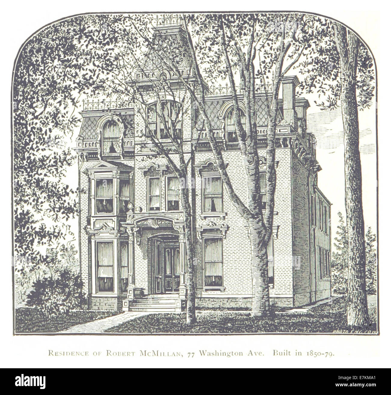 Questa illustrazione del 1884 di Farmer raffigura la residenza di Robert McMillan al 77 di Washington Ave, Detroit, costruita tra il 1850 e il 1879, che offre una visione dell'architettura residenziale del XIX secolo. Foto Stock