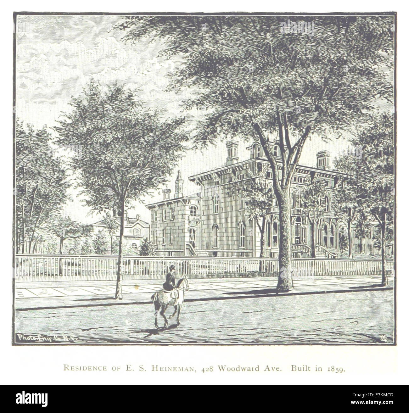 Pagina 478 della pubblicazione di Farmer del 1884 a Detroit presenta la residenza di E.S. Heineman, costruita nel 1839 al 428 di Woodward Avenue, che offre uno sguardo sulla prima architettura residenziale di Detroit. Foto Stock