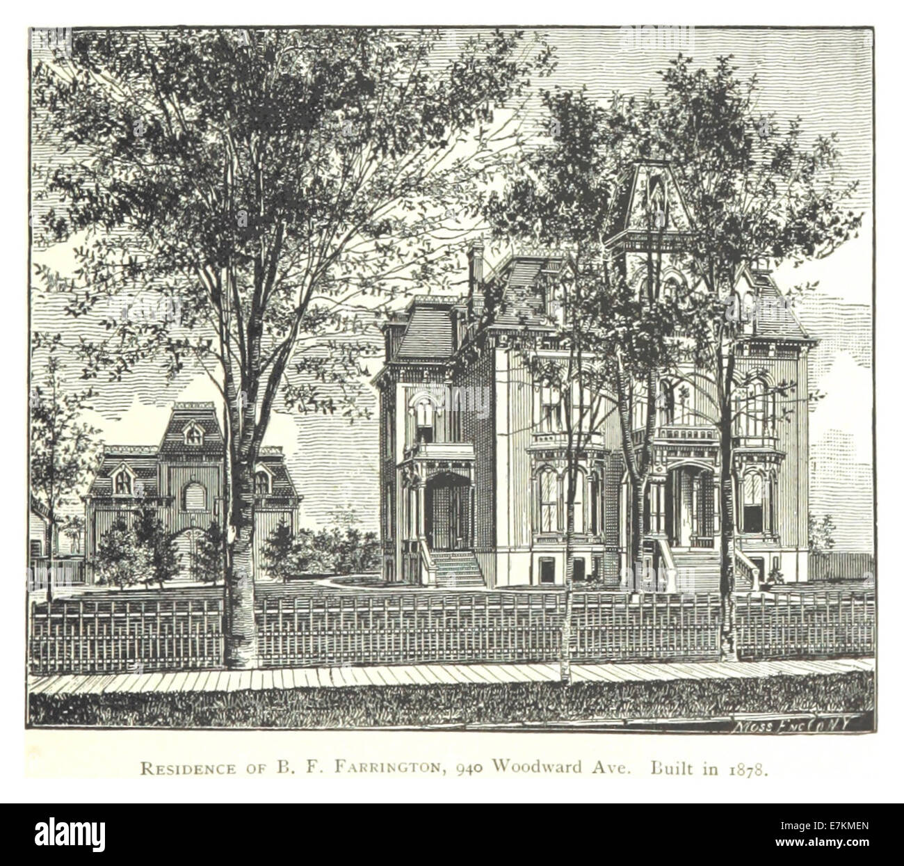 Questo disegno del 1884 mostra la residenza di B.F. Farrington, situata al 940 di Woodward Avenue a Detroit, Michigan. Costruita nel 1878, la casa è un esempio di architettura residenziale di epoca vittoriana in città. Foto Stock