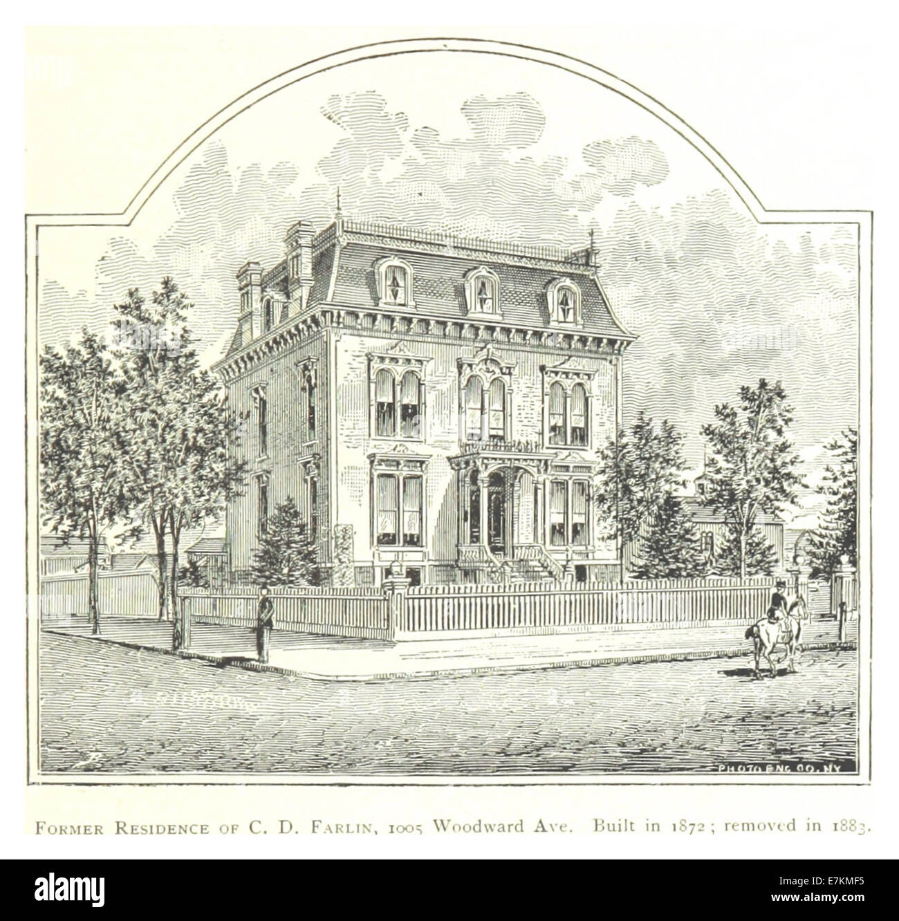 Questo riferimento storico descrive l'ex residenza di C.D. Farlin situata al 1005 di Woodward Ave. A Detroit. La casa, costruita nel 1872, fu rimossa nel 1883. È menzionato in FARMER(1884), p489, ed è parte di un disegno di archivio e di uno schizzo di mappa che documenta l'architettura di Detroit durante quel periodo. Foto Stock