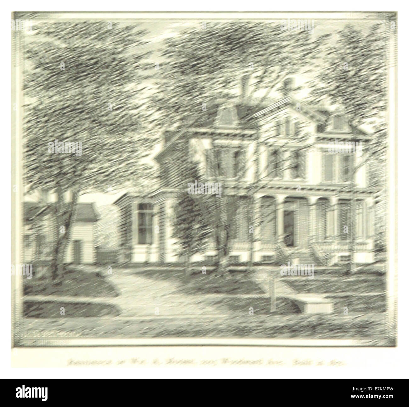 Un'illustrazione di *FARMER(1884)* che mostra la residenza di W.H. Stevens su Woodward Avenue a Detroit. Questo disegno vintage cattura l'architettura storica della Detroit del tardo XIX secolo. Foto Stock